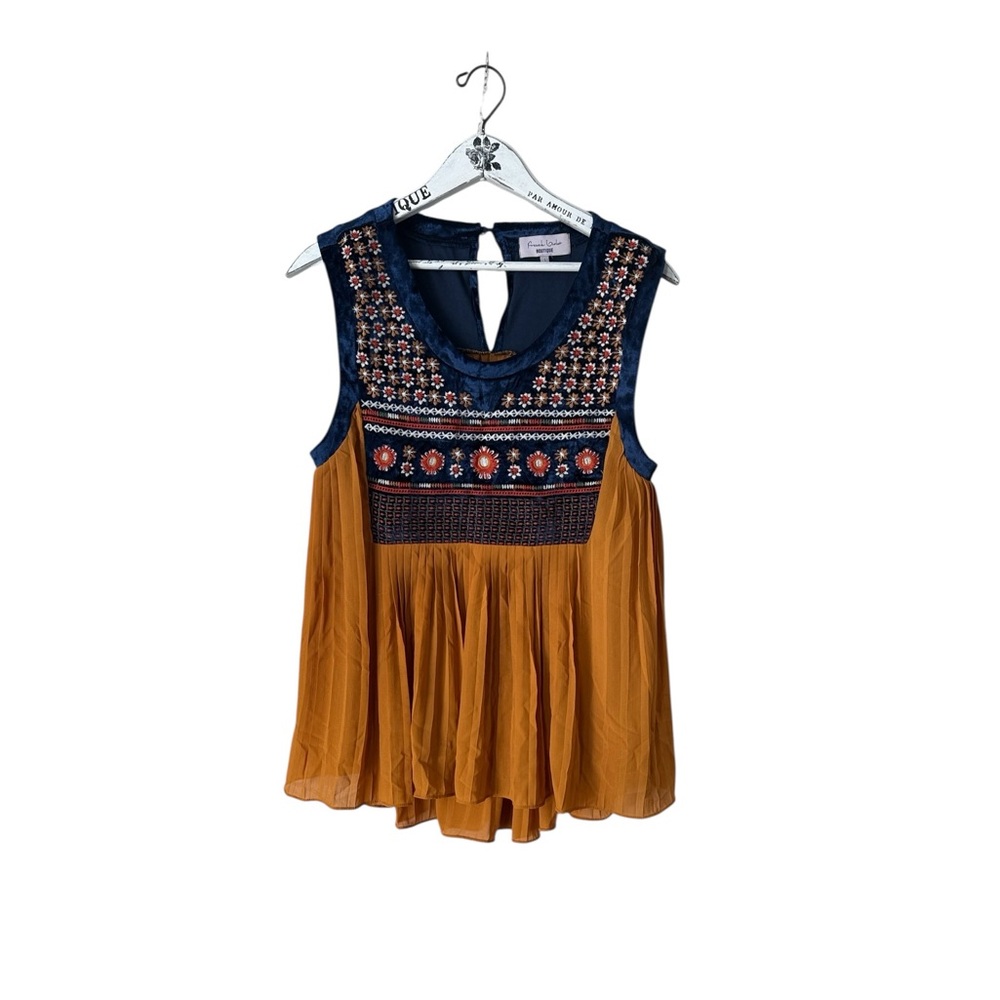French Violet Boutique Embroidered Pleated Boho Top Size L